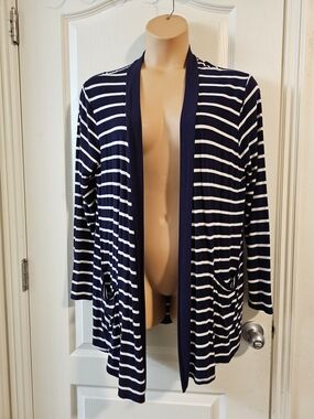 Zenana Outfitters 1x Navy & White Striped Open Cardigan